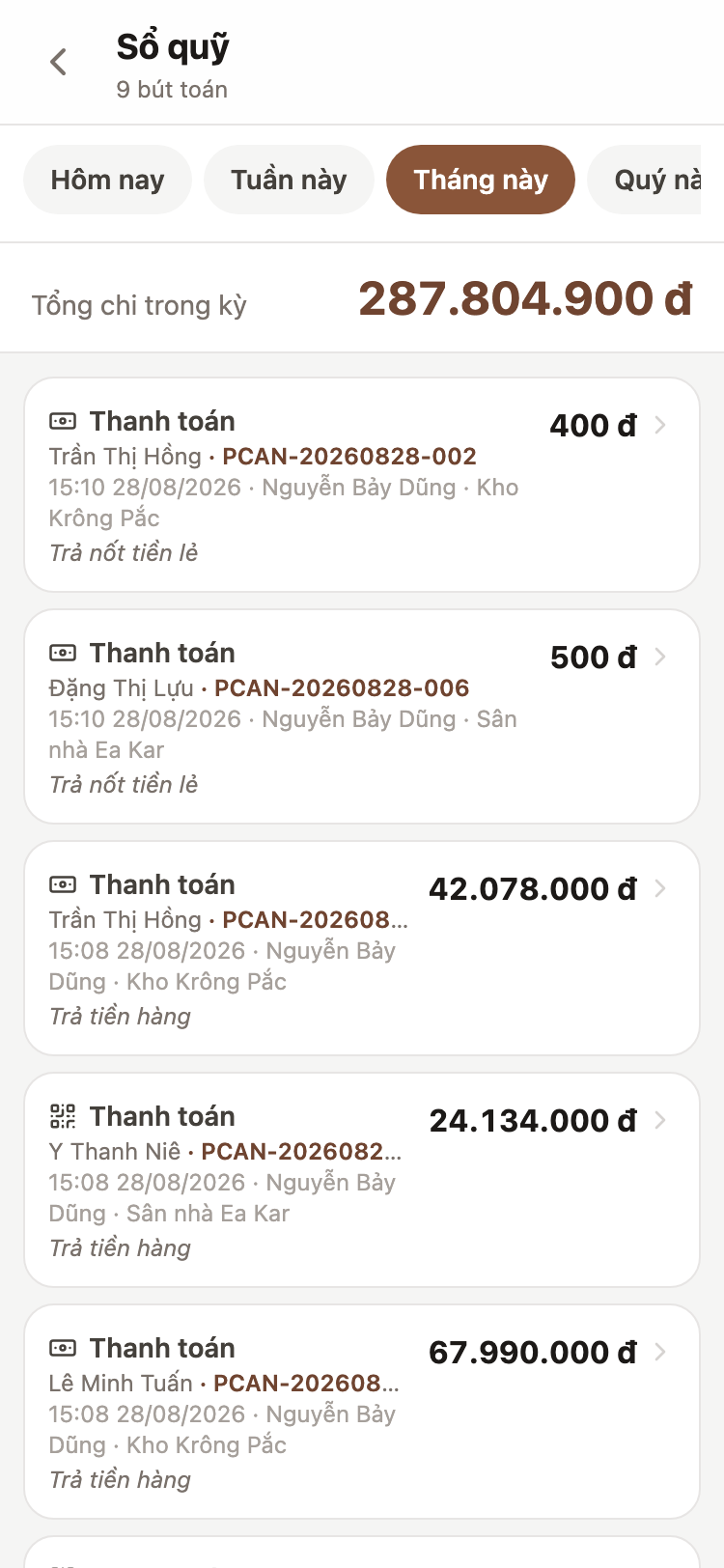 Sổ quỹ liệt kê các lần chi tiền